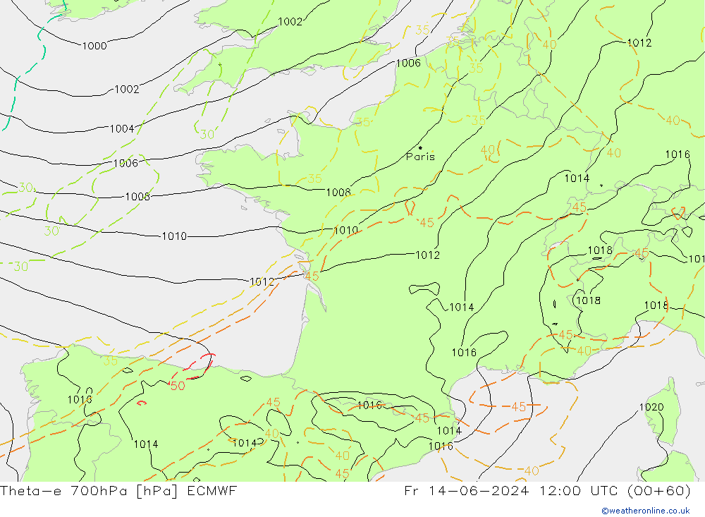 Theta-e 700hPa ECMWF Cu 14.06.2024 12 UTC