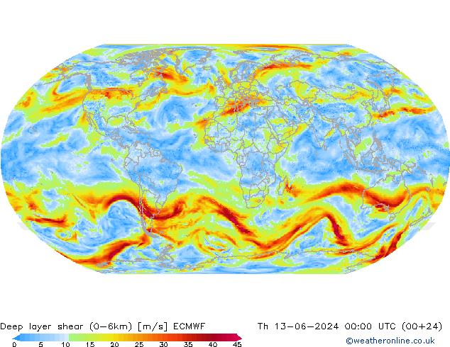 Deep layer shear (0-6km) ECMWF 星期四 13.06.2024 00 UTC