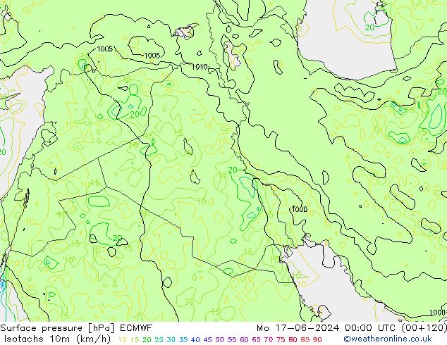 Isotachs (kph) ECMWF Mo 17.06.2024 00 UTC