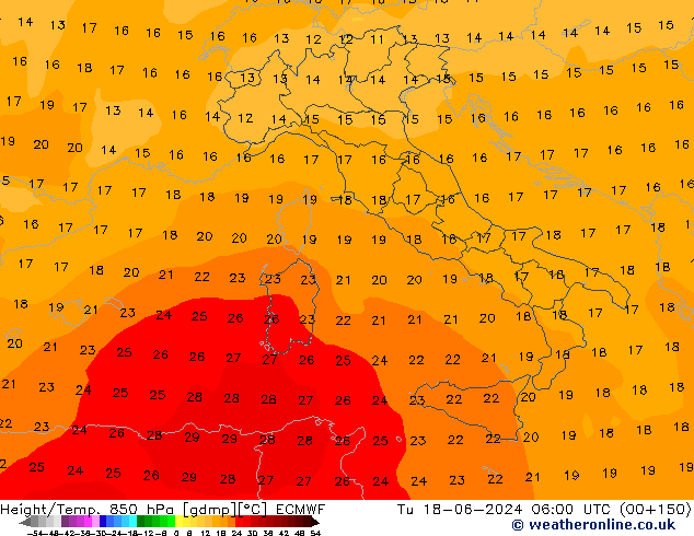 Géop./Temp. 850 hPa ECMWF mar 18.06.2024 06 UTC