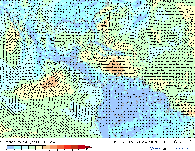 Vent 10 m (bft) ECMWF jeu 13.06.2024 06 UTC