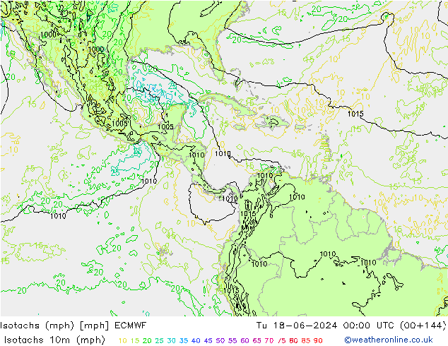 Isotachen (mph) ECMWF Di 18.06.2024 00 UTC