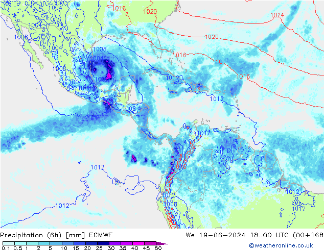 Totale neerslag (6h) ECMWF wo 19.06.2024 00 UTC