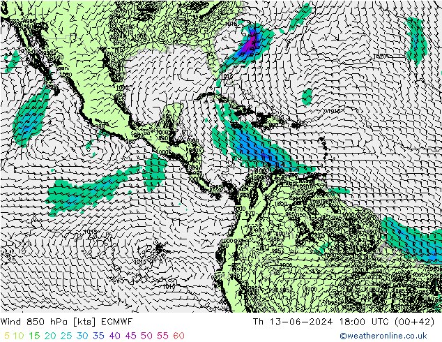 Vento 850 hPa ECMWF Qui 13.06.2024 18 UTC