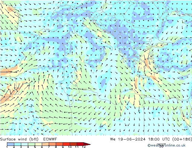 ве�Bе�@ 10 m (bft) ECMWF ср 19.06.2024 18 UTC
