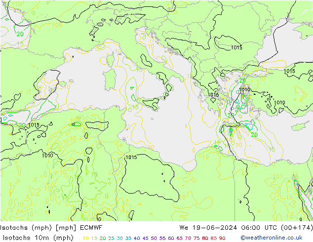 Isotachs (mph) ECMWF mer 19.06.2024 06 UTC