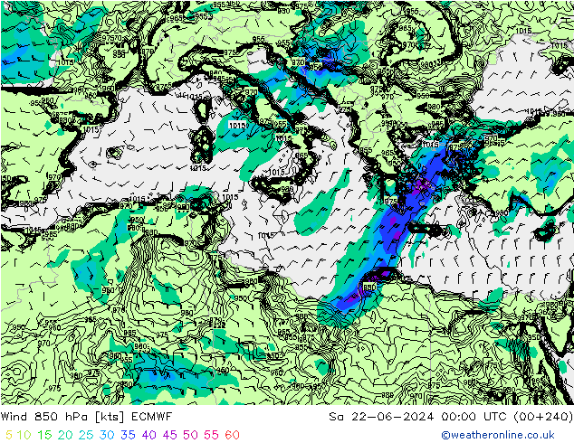 Wind 850 hPa ECMWF Sa 22.06.2024 00 UTC