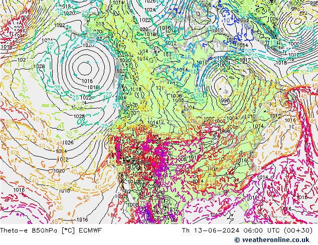 Theta-e 850hPa ECMWF czw. 13.06.2024 06 UTC