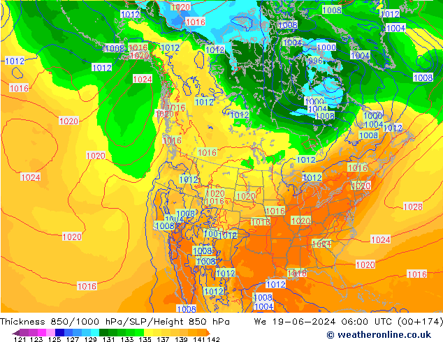 Espesor 850-1000 hPa ECMWF mié 19.06.2024 06 UTC