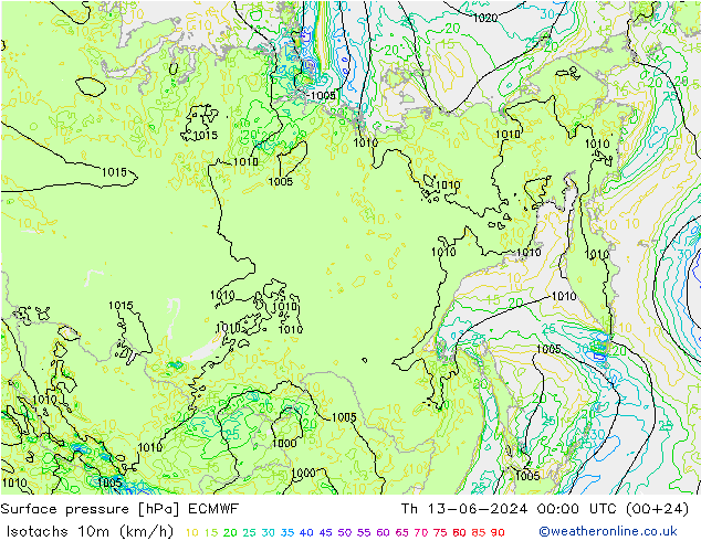 Eşrüzgar Hızları (km/sa) ECMWF Per 13.06.2024 00 UTC