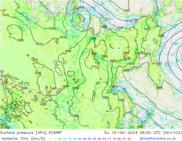 Isotachen (km/h) ECMWF zo 16.06.2024 06 UTC