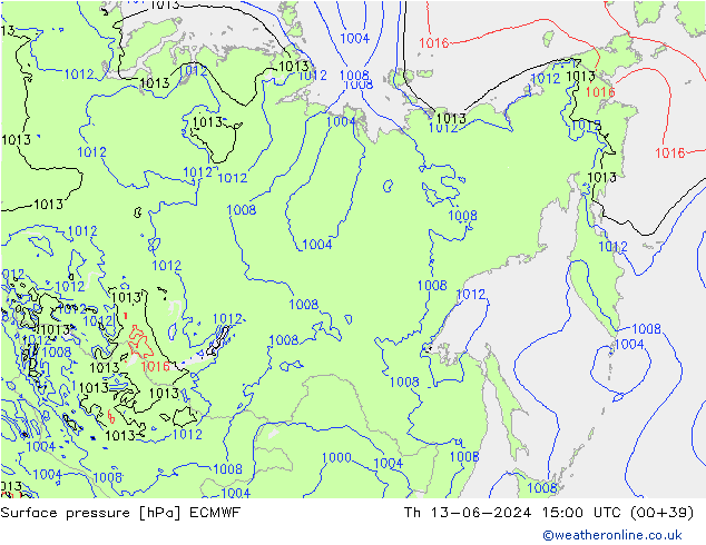 Surface pressure ECMWF Th 13.06.2024 15 UTC