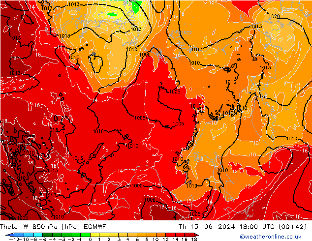 Theta-W 850hPa ECMWF Qui 13.06.2024 18 UTC