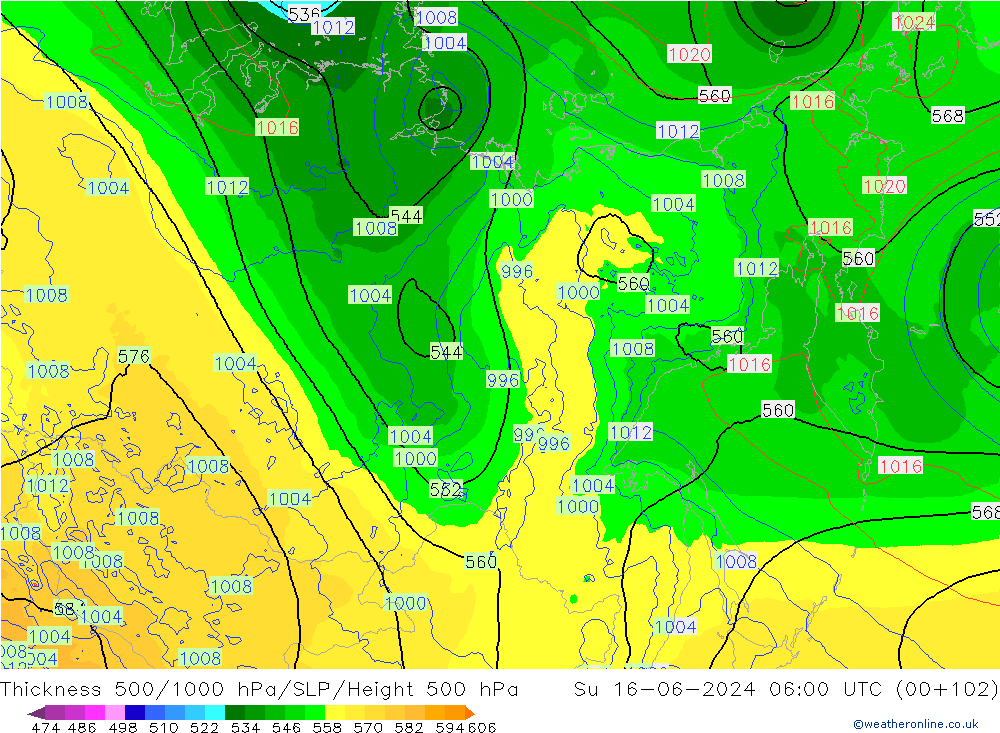 Thck 500-1000гПа ECMWF Вс 16.06.2024 06 UTC