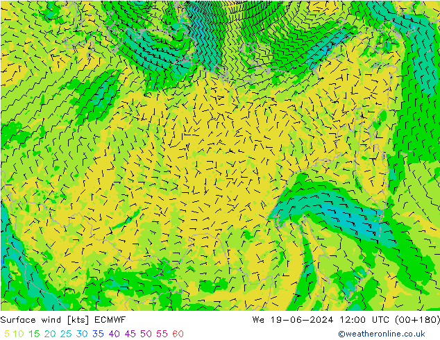 Surface wind ECMWF We 19.06.2024 12 UTC