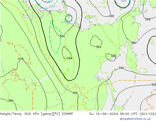 Height/Temp. 500 гПа ECMWF Вс 16.06.2024 06 UTC