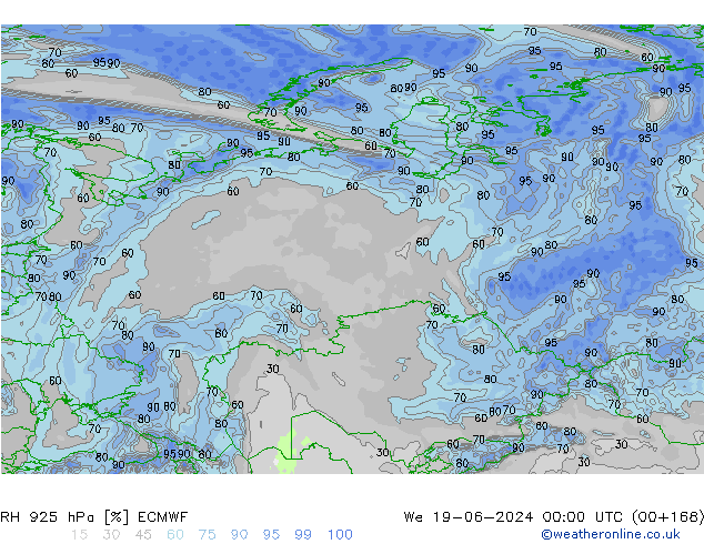 Humidité rel. 925 hPa ECMWF mer 19.06.2024 00 UTC