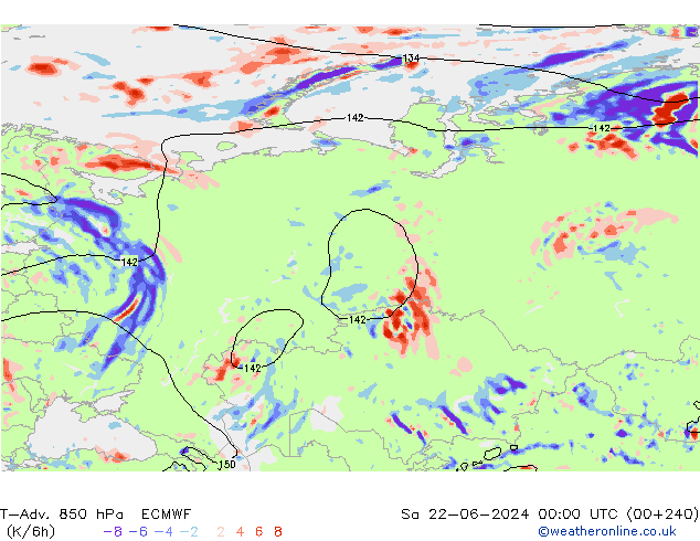 T-Adv. 850 hPa ECMWF sab 22.06.2024 00 UTC