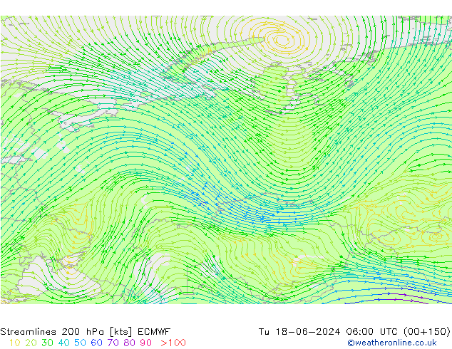 Ligne de courant 200 hPa ECMWF mar 18.06.2024 06 UTC