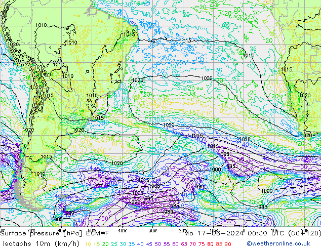 Isotachen (km/h) ECMWF Mo 17.06.2024 00 UTC