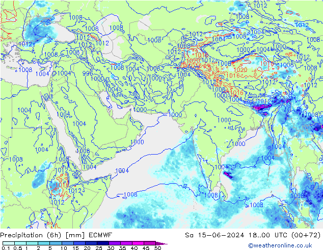 Totale neerslag (6h) ECMWF za 15.06.2024 00 UTC