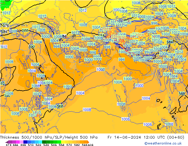 Thck 500-1000гПа ECMWF пт 14.06.2024 12 UTC