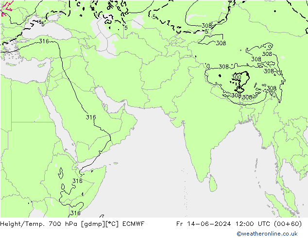 Height/Temp. 700 hPa ECMWF ven 14.06.2024 12 UTC