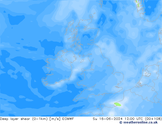 Deep layer shear (0-1km) ECMWF  16.06.2024 12 UTC