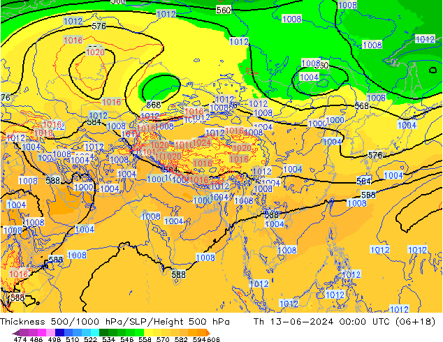 Thck 500-1000hPa ECMWF Qui 13.06.2024 00 UTC