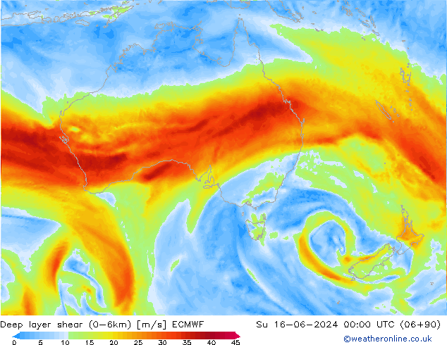 Deep layer shear (0-6km) ECMWF dim 16.06.2024 00 UTC