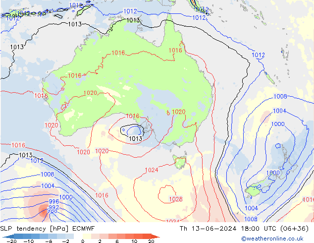 SLP tendency ECMWF Čt 13.06.2024 18 UTC