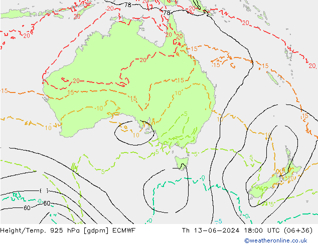 Height/Temp. 925 hPa ECMWF Čt 13.06.2024 18 UTC