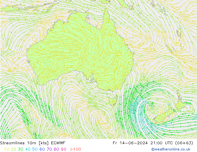 Streamlines 10m ECMWF Pá 14.06.2024 21 UTC