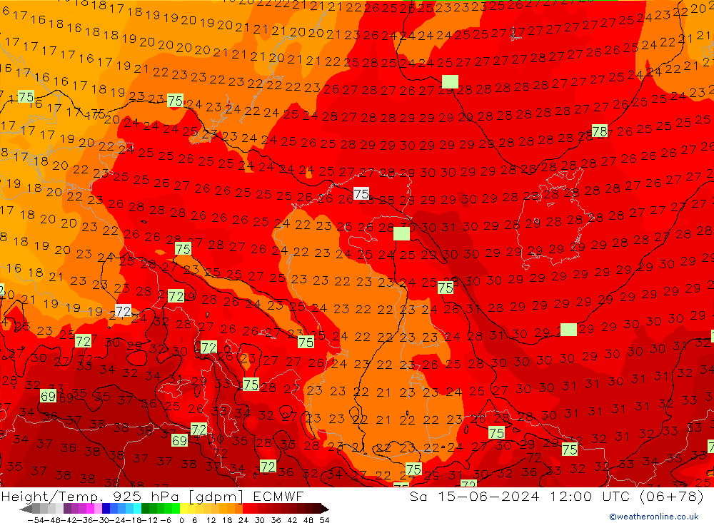 Height/Temp. 925 hPa ECMWF Sáb 15.06.2024 12 UTC