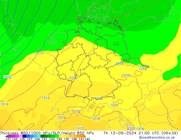 Thck 850-1000 гПа ECMWF чт 13.06.2024 21 UTC