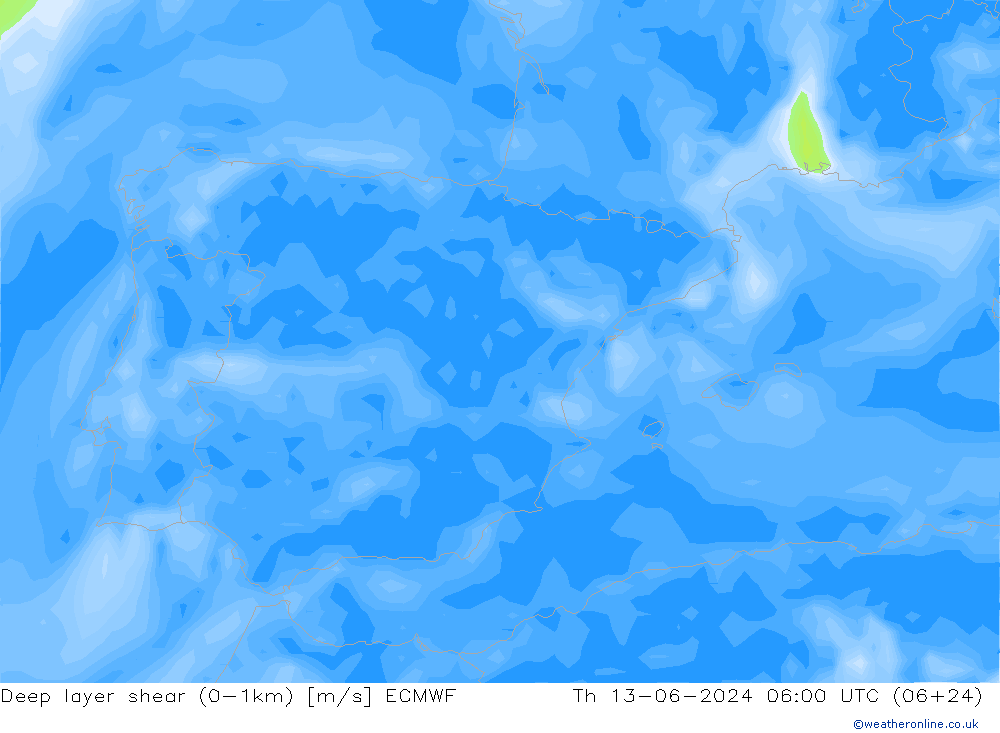 Deep layer shear (0-1km) ECMWF Do 13.06.2024 06 UTC