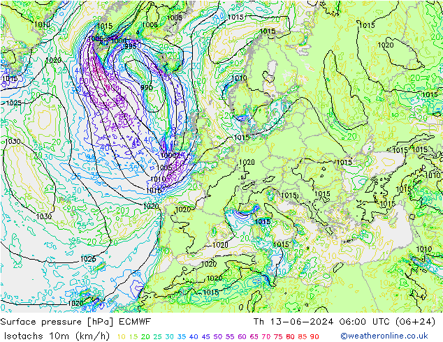 Isotachs (kph) ECMWF Th 13.06.2024 06 UTC