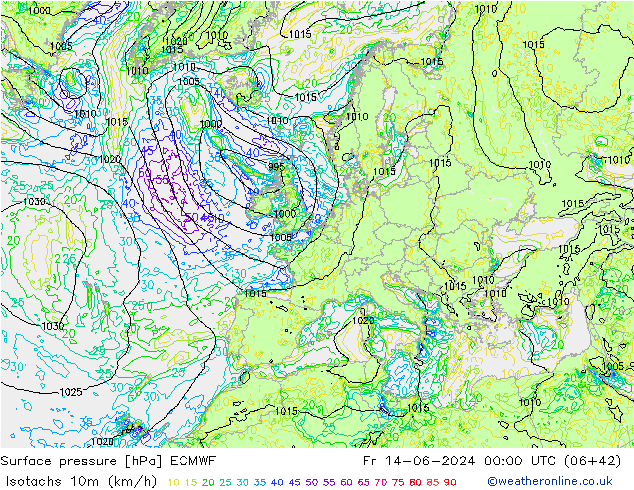 Eşrüzgar Hızları (km/sa) ECMWF Cu 14.06.2024 00 UTC