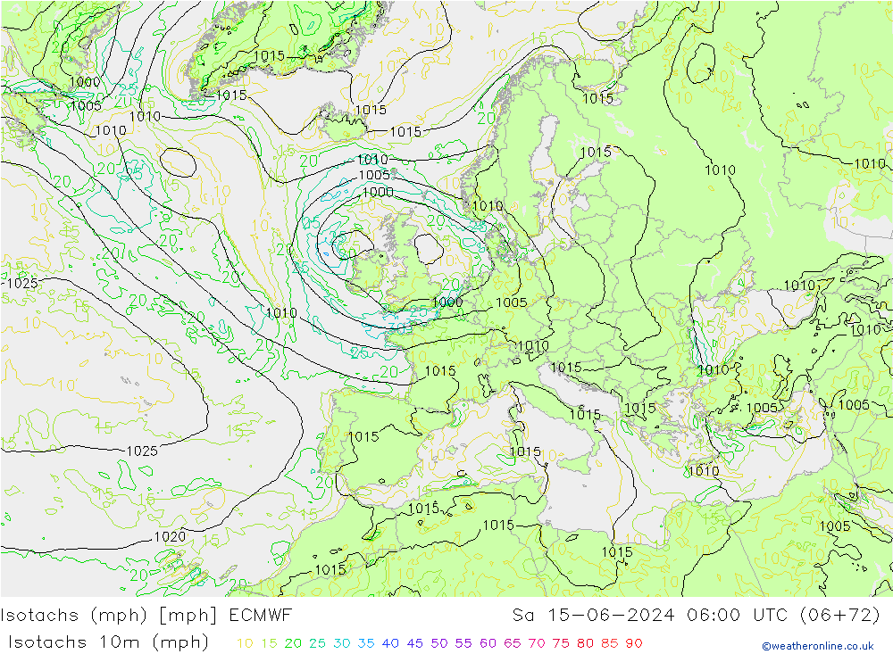 Isotachen (mph) ECMWF Sa 15.06.2024 06 UTC