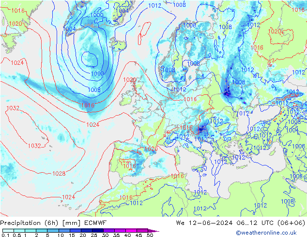 Z500/Rain (+SLP)/Z850 ECMWF Mi 12.06.2024 12 UTC