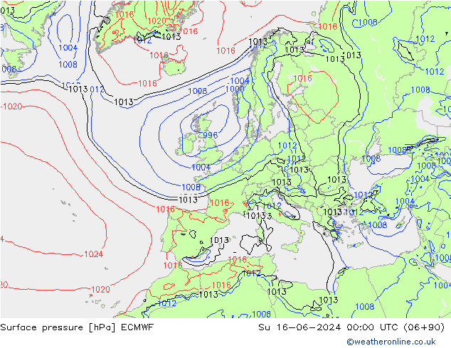 Bodendruck ECMWF So 16.06.2024 00 UTC