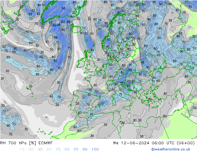 RH 700 гПа ECMWF ср 12.06.2024 06 UTC