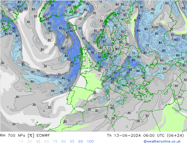 RH 700 hPa ECMWF 星期四 13.06.2024 06 UTC