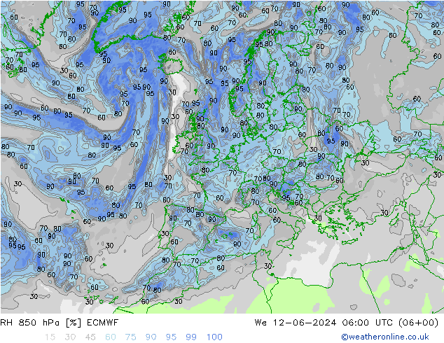 RH 850 hPa ECMWF 星期三 12.06.2024 06 UTC