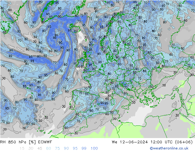 RH 850 hPa ECMWF mer 12.06.2024 12 UTC