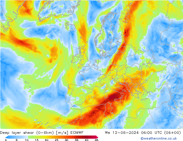 Deep layer shear (0-6km) ECMWF mer 12.06.2024 06 UTC