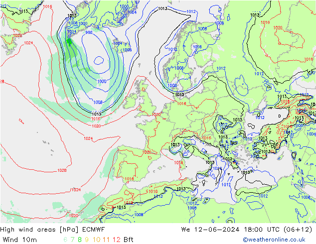 High wind areas ECMWF We 12.06.2024 18 UTC