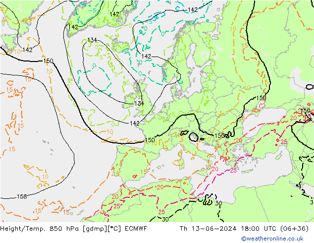 Z500/Rain (+SLP)/Z850 ECMWF czw. 13.06.2024 18 UTC