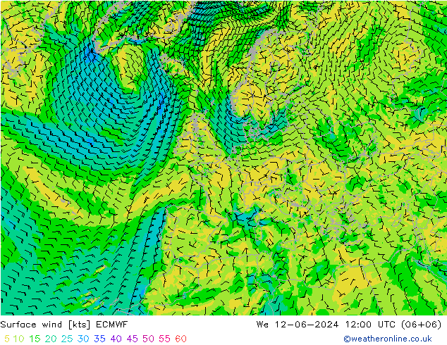 Vento 10 m ECMWF mer 12.06.2024 12 UTC