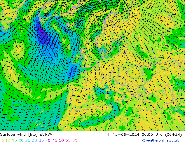 Vento 10 m ECMWF gio 13.06.2024 06 UTC